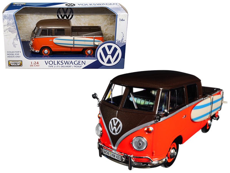 Volkswagen Type 2 (T1) Pickup with Surfboard Brown and Orange 1/24 Diecast Model Car by Motormax-Motormax-ModelCars.com