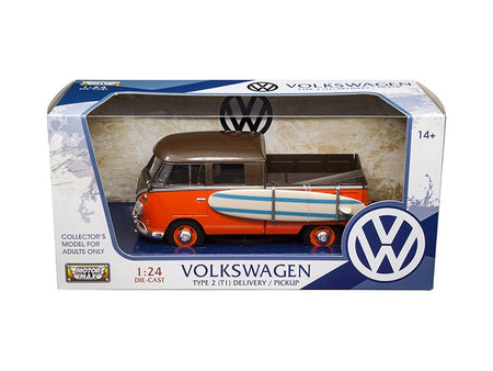 Volkswagen Type 2 (T1) Pickup with Surfboard Brown and Orange 1/24 Diecast Model Car by Motormax-Motormax-ModelCars.com
