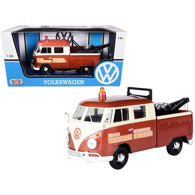 Volkswagen Type 2 (T1) Tow Truck "Volkswagen Specialists" Brown Metallic and Cream 1/24 Diecast Model Car by Motormax - Motormax - ModelCars.com