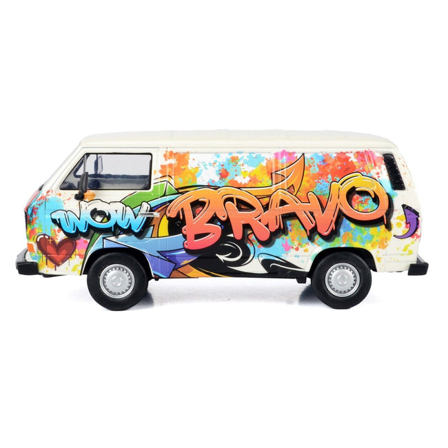 Volkswagen Type 2 (T3) Van White Metallic with Graffiti Graphics 1/24 Diecast Model Car by Motormax-Motormax-ModelCars.com