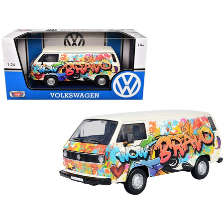 Volkswagen Type 2 (T3) Van White Metallic with Graffiti Graphics 1/24 Diecast Model Car by Motormax-Motormax-ModelCars.com