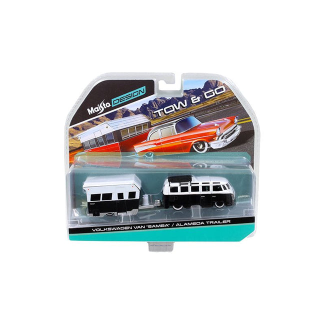 Volkswagen Van "Samba" with Alameda Trailer Black / White Tow & Go 1/64 Diecast Model by Maisto - Maisto - ModelCars.com