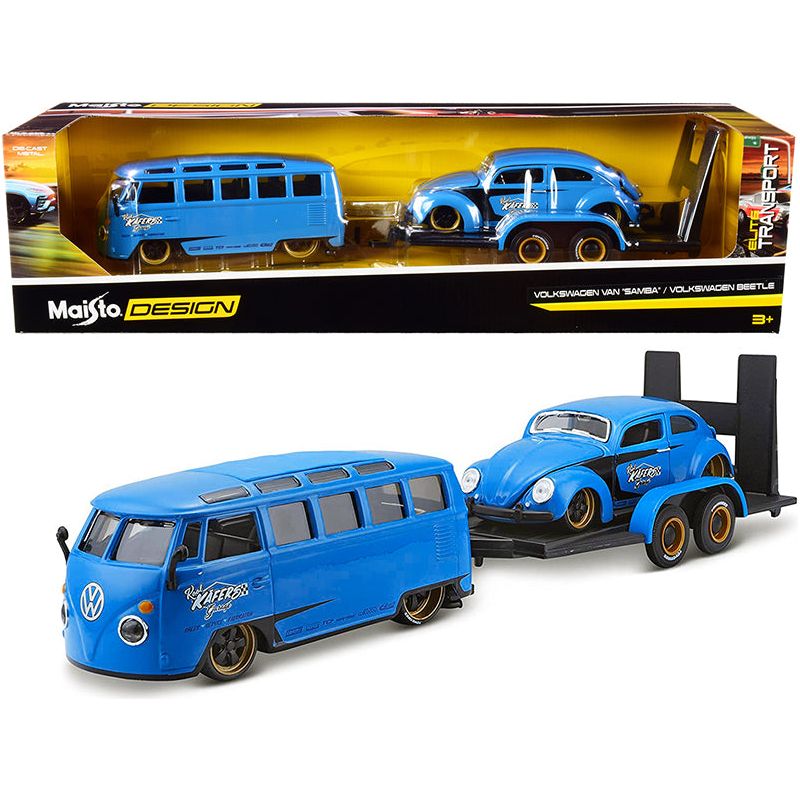 Volkswagen Van Samba with Volkswagen Beetle and Flatbed Trailer Blue "Kool Kafers" Set of 3 pieces "Elite Transport" Series 1/24 Diecast Model Cars by Maisto - Maisto - ModelCars.com