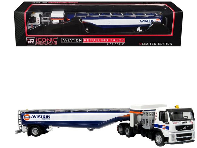 Volvo FM500 with Esterer Aviation Refueling Tanker Truck "Gulf Aviation" White with Blue Stripes Limited Edition 1/87 (HO) Diecast Model by Iconic Replicas-Iconic Replicas-ModelCars.com