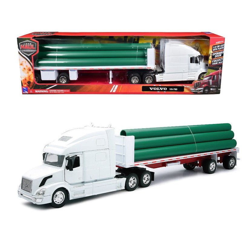 Volvo VN - 780 Truck with Flatbed Trailer and Long Pipes White "Long Haul Truckers" Series 1/32 Diecast Model by New Ray - New Ray - ModelCars.com