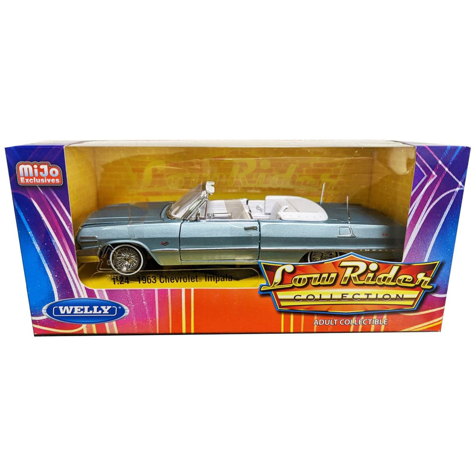 1963 Chevrolet Impala Convertible Lowrider Light Blue Metallic with White Interior "Low Rider Collection" 1/24 Diecast Model Car by Welly