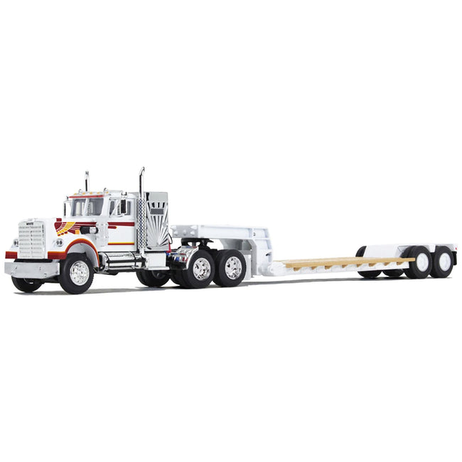 Western Star 4900 with 36" Vintage Flat Top Sleeper and Rogers Vintage Lowboy Trailer White with Graphics 1/64 Diecast Model by DCP/First Gear - First Gear - ModelCars.com
