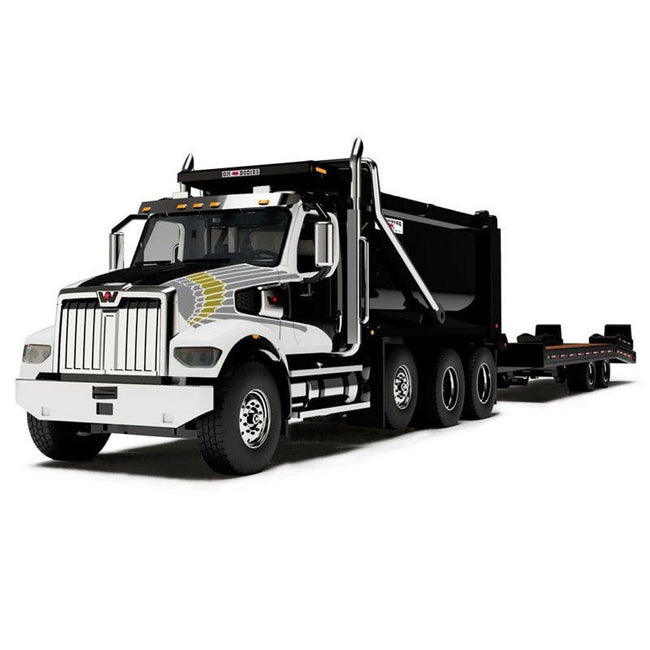 Western Star 49X Truck with Ox Bodies Dump & Beaver Tail Trailer Black with White Graphics 1/64 Diecast Model by DCP/First Gear-First Gear-ModelCars.com