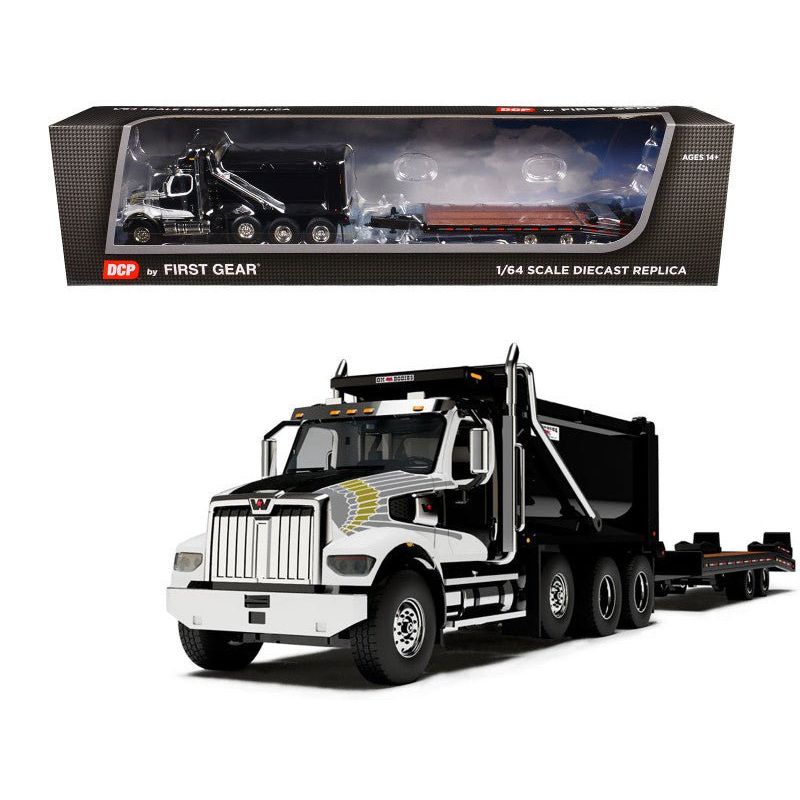 Western Star 49X Truck with Ox Bodies Dump & Beaver Tail Trailer Black with White Graphics 1/64 Diecast Model by DCP/First Gear-First Gear-ModelCars.com