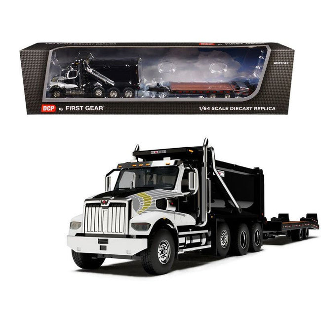 Western Star 49X Truck with Ox Bodies Dump & Beaver Tail Trailer Black with White Graphics 1/64 Diecast Model by DCP/First Gear-First Gear-ModelCars.com