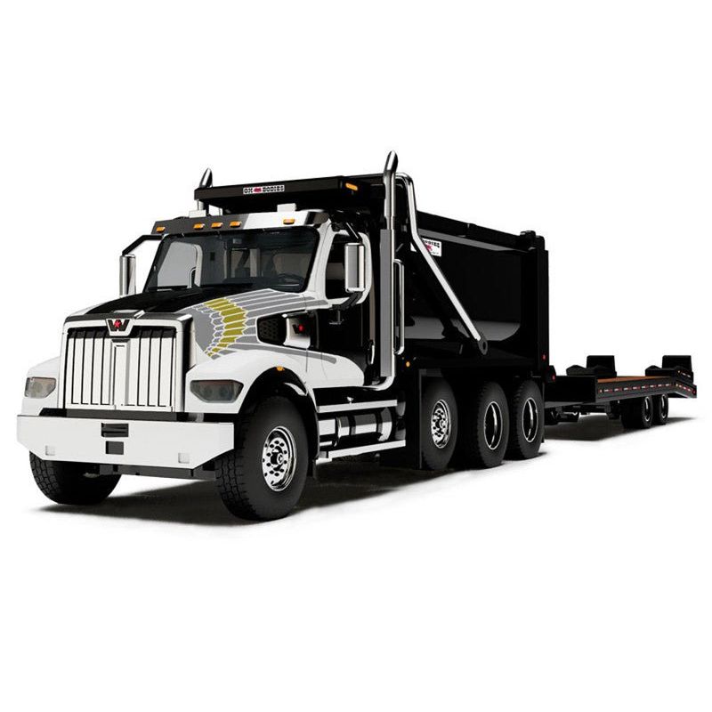 Western Star 49X Truck with Ox Bodies Dump & Beaver Tail Trailer Black with White Graphics 1/64 Diecast Model by DCP/First Gear - First Gear - ModelCars.com