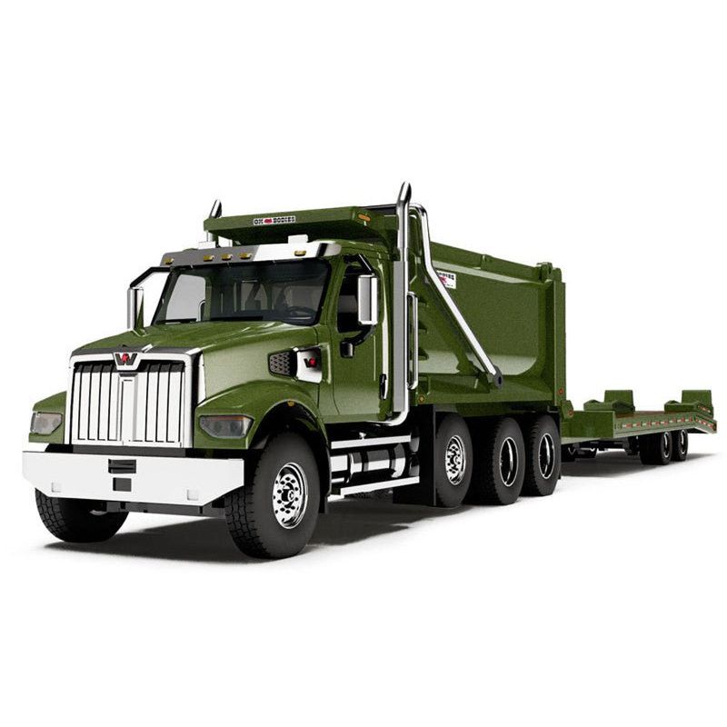 Western Star 49X Truck with Ox Bodies Dump & Beaver Tail Trailer Green Metallic 1/64 Diecast Model by DCP/First Gear-First Gear-ModelCars.com
