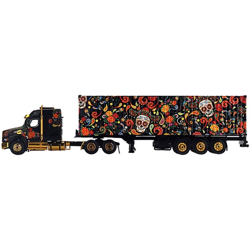 Western Star 49X with 40 Ft Container "Dia de los Muertos" (Day of the Dead) Black with Graphics 1/64 Diecast Model by Mini GT - Mini GT - ModelCars.com