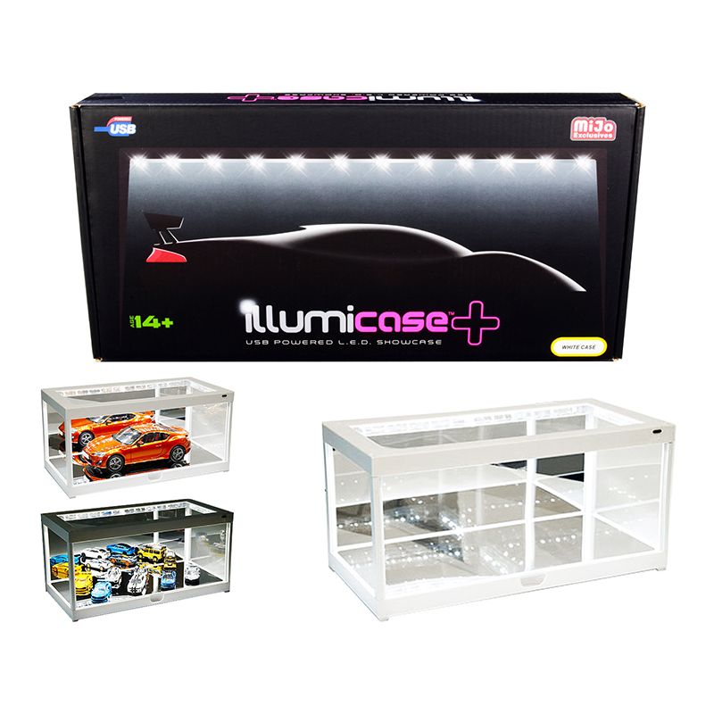 White Collectible Display Show Case Illumicase+ with LED Lights and Mirror Base and Back for 1/64 1/43 1/32 1/24 1/18 Scale Models by Illumibox-Illumibox-ModelCars.com