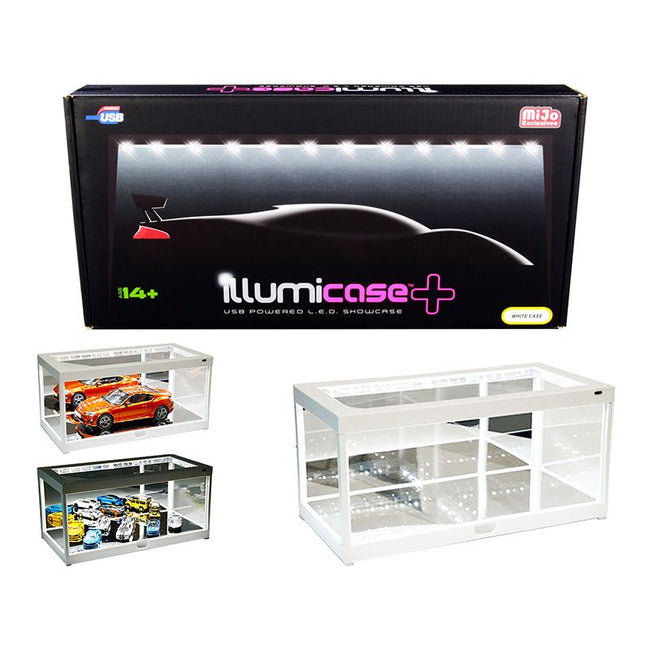 White Collectible Display Show Case Illumicase+ with LED Lights and Mirror Base and Back for 1/64 1/43 1/32 1/24 1/18 Scale Models by Illumibox-Illumibox-ModelCars.com