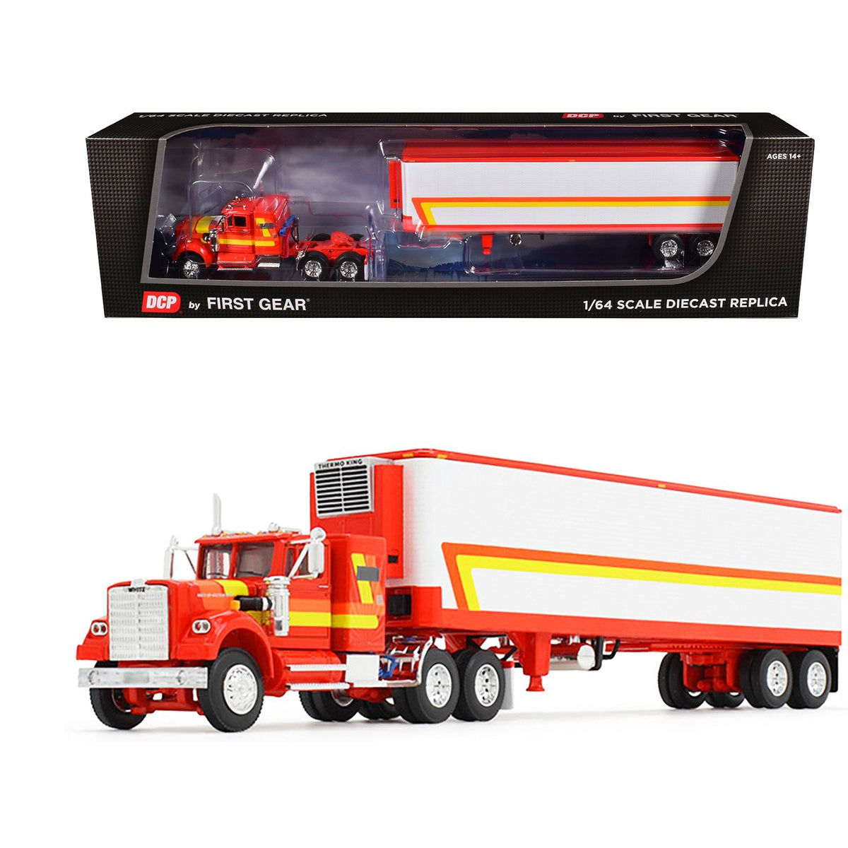 White Western Star 4900 with 36" Vintage Flat Top Sleeper and Wilson 40' Vintage Refridgerated Trailer Red and White with Stripes 1/64 Diecast Model by DCP/First Gear-First Gear-ModelCars.com