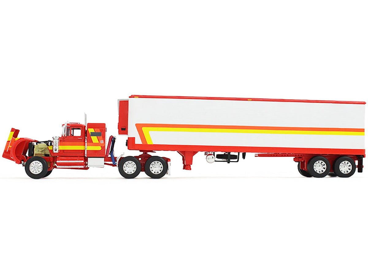 White Western Star 4900 with 36" Vintage Flat Top Sleeper and Wilson 40' Vintage Refridgerated Trailer Red and White with Stripes 1/64 Diecast Model by DCP/First Gear-First Gear-ModelCars.com