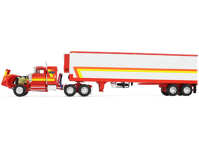 White Western Star 4900 with 36" Vintage Flat Top Sleeper and Wilson 40' Vintage Refridgerated Trailer Red and White with Stripes 1/64 Diecast Model by DCP/First Gear-First Gear-ModelCars.com