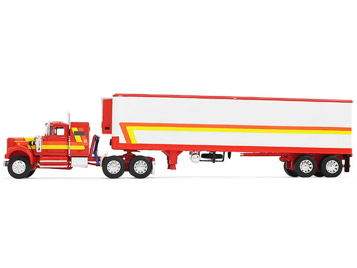 White Western Star 4900 with 36" Vintage Flat Top Sleeper and Wilson 40' Vintage Refridgerated Trailer Red and White with Stripes 1/64 Diecast Model by DCP/First Gear-First Gear-ModelCars.com