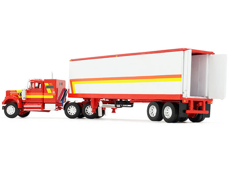 White Western Star 4900 with 36" Vintage Flat Top Sleeper and Wilson 40' Vintage Refridgerated Trailer Red and White with Stripes 1/64 Diecast Model by DCP/First Gear-First Gear-ModelCars.com