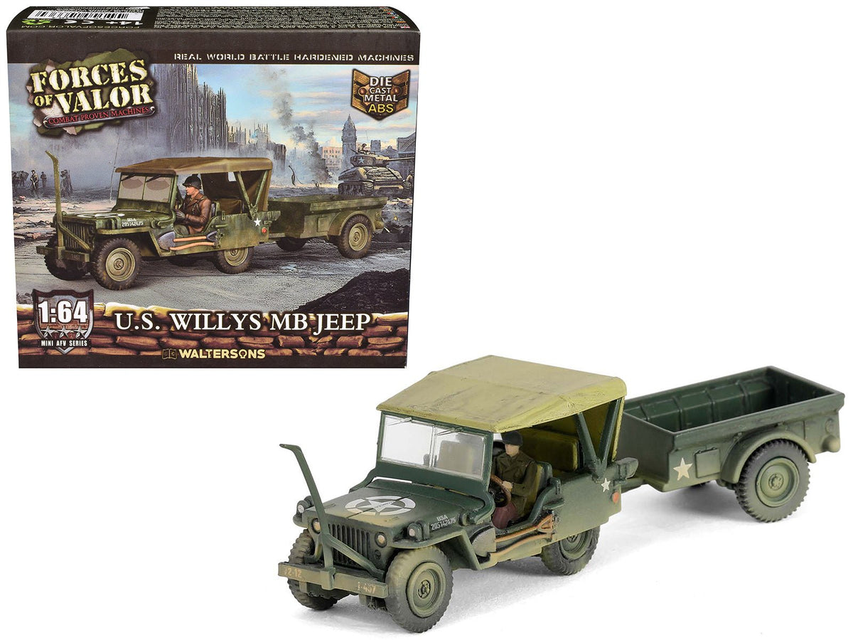 Willys MB Jeep with Trailer Olive Drab (Weathered) with Driver Figure "United States Army" "Mini AFV" Series 1/64 Diecast Model by Forces of Valor-Forces Of Valor-ModelCars.com