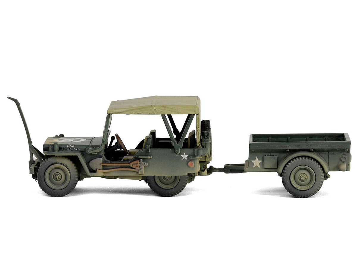 Willys MB Jeep with Trailer Olive Drab (Weathered) with Driver Figure "United States Army" "Mini AFV" Series 1/64 Diecast Model by Forces of Valor-Forces Of Valor-ModelCars.com