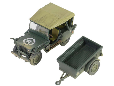 Willys MB Jeep with Trailer Olive Drab (Weathered) with Driver Figure "United States Army" "Mini AFV" Series 1/64 Diecast Model by Forces of Valor-Forces Of Valor-ModelCars.com