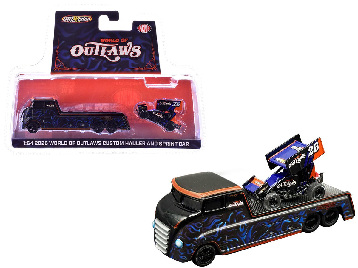 "World Of Outlaws 2026" Winged Sprint Car 26 Black with Stripes and Custom Hauler Black with Graphics 1/64 Diecast Model Cars by ACME-Acme-ModelCars.com