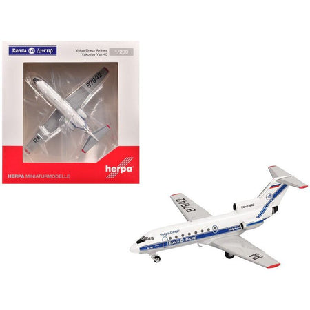 Yakovlev Yak-40 Commercial Aircraft "Volga-Dnepr Airlines" (RA-87842) White with Blue Stripes 1/200 Diecast Model Airplane by Herpa-Herpa-ModelCars.com