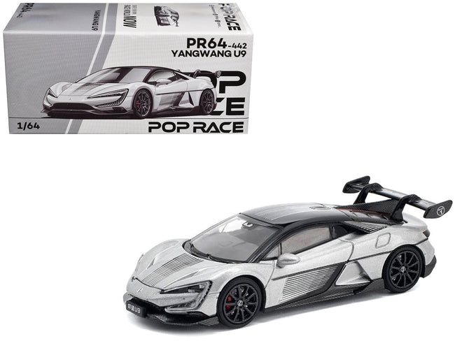 Yangwang U9 Silver Metallic with Black Top and Stripes 1/64 Diecast Model Car by Pop Race-Pop Race-ModelCars.com