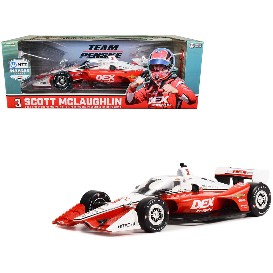 Dallara IndyCar #3 Scott McLaughlin "DEX Imaging" Team Penske (Road Course Configuration) "NTT IndyCar Series" First Win Firestone Grand Prix of St. Petersburg (2022) 1/18 Diecast Model Car by Greenlight