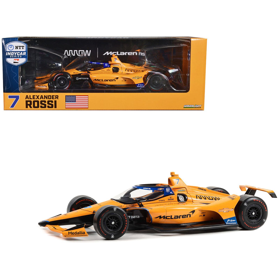 Dallara IndyCar #7 Alexander Rossi "McLaren" Arrow McLaren "60th Anniversary Triple Crown Accolade Indianapolis 500 Livery" "NTT IndyCar Series" (2023) 1/18 Diecast Model Car by Greenlight