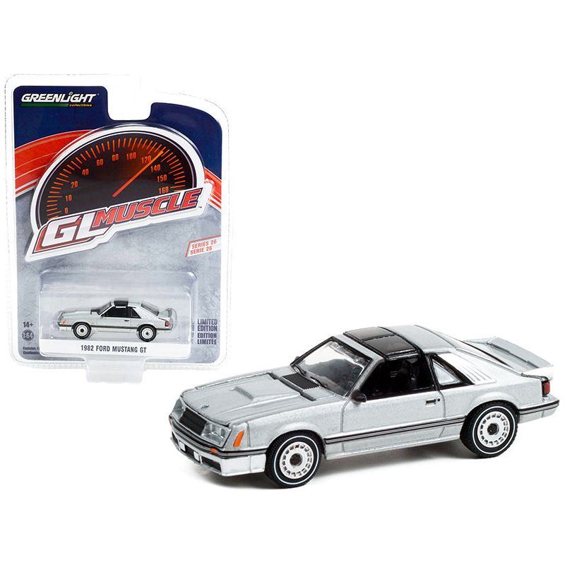 1982 Ford Mustang GT 5.0 Silver Metallic with Black Stripes "Greenlight Muscle" Series 26 1/64 Diecast Model Car by Greenlight