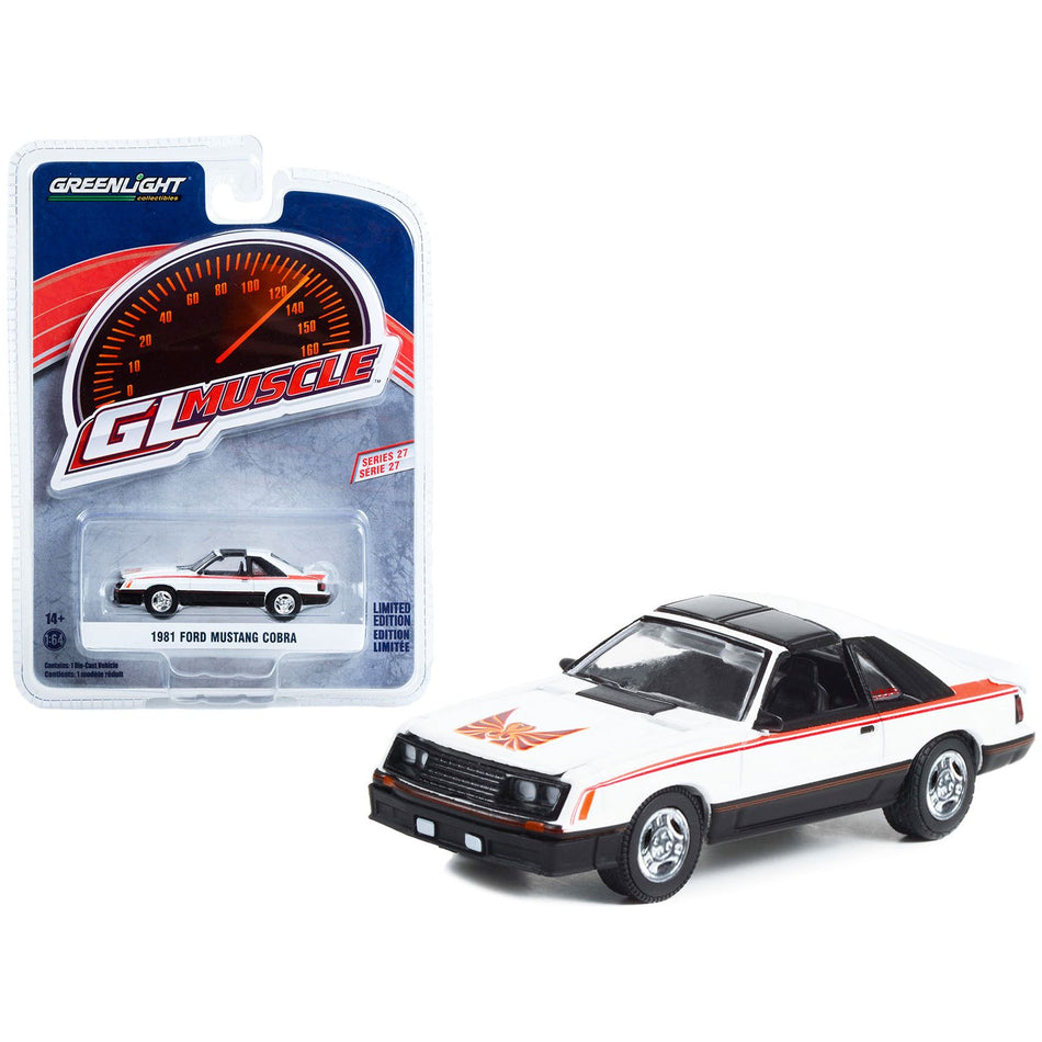 1981 Ford Mustang Cobra Polar White and Black with Red Stripes "Greenlight Muscle" Series 27 1/64 Diecast Model Car by Greenlight