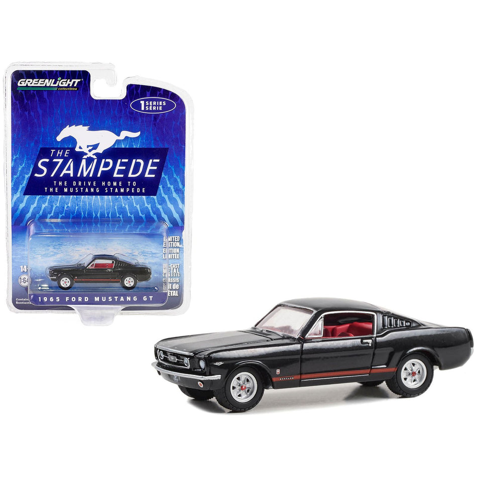 1965 Ford Mustang GT Raven Black with Red Stripes and Red Interior "The Drive Home to the Mustang Stampede" Series 1 1/64 Diecast Model Car by Greenlight