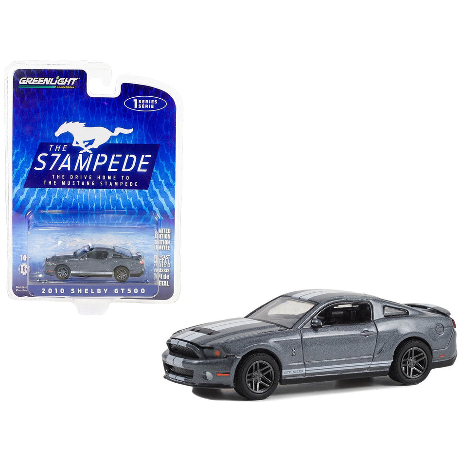 2010 Shelby GT500 Sterling Gray Metallic with White Stripes "The Drive Home to the Mustang Stampede" Series 1 1/64 Diecast Model Car by Greenlight