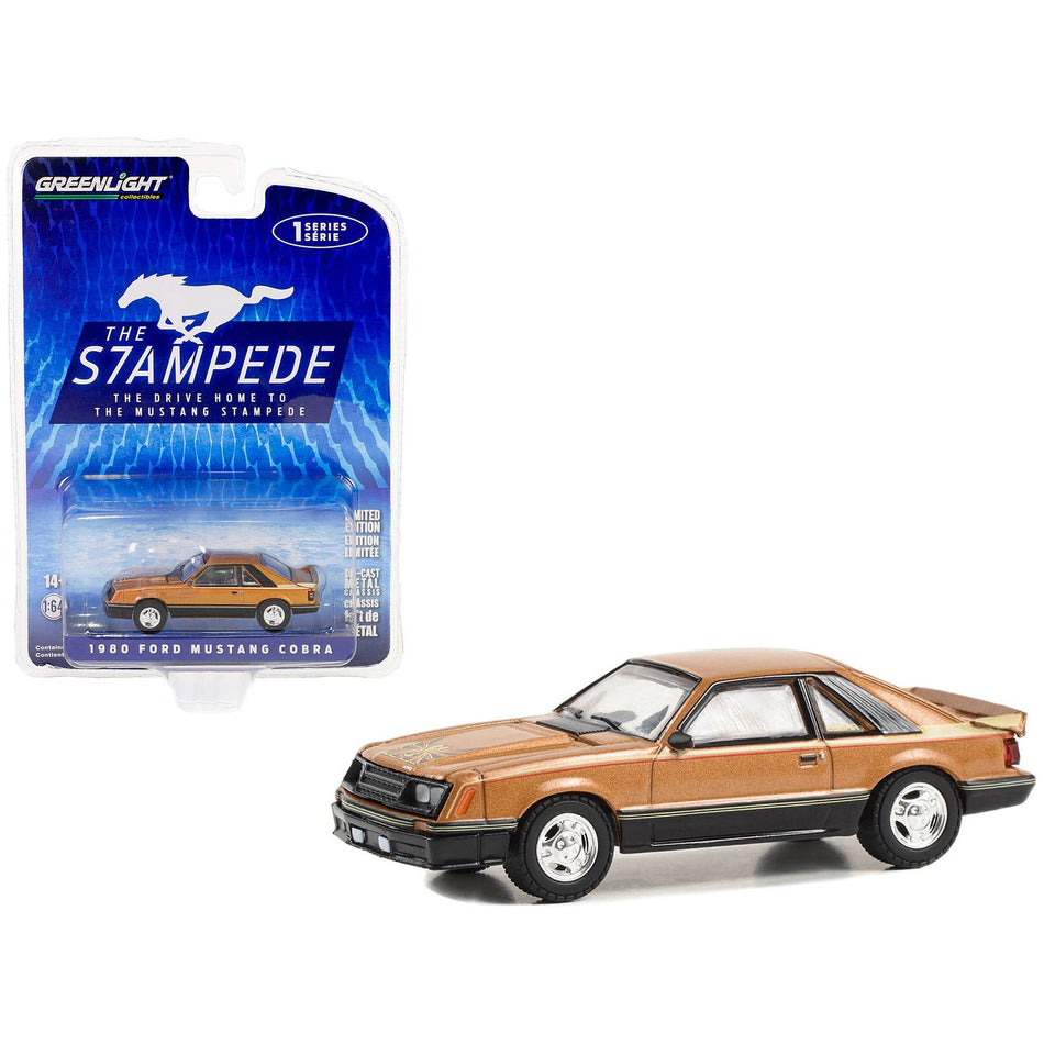 1980 Ford Mustang Cobra Dark Chamois Brown Metallic with Hood Graphic "The Drive Home to the Mustang Stampede" Series 1 1/64 Diecast Model Car by Greenlight