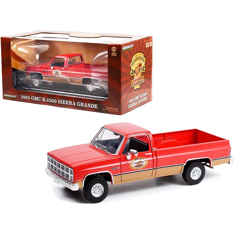 1982 GMC K-2500 Sierra Grande Wideside Pickup Truck with Trailer Hitch Red "Busted Knuckle Garage" 1/18 Diecast Model Car by Greenlight