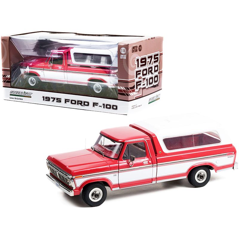 1975 Ford F-100 Ranger Pickup Truck with Deluxe Box Cover Apple Red with Wimbledon White 1/18 Diecast Model Car by Greenlight