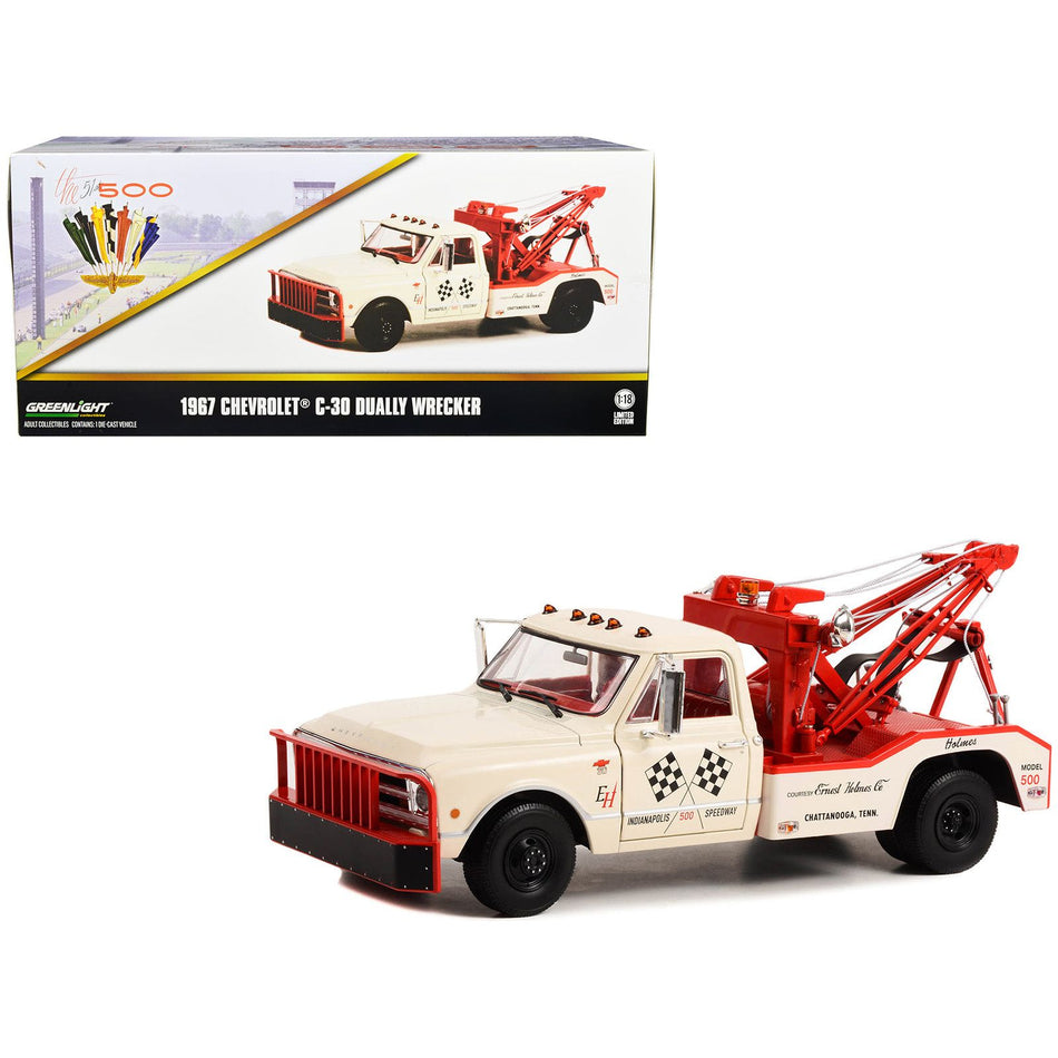 1967 Chevrolet C-30 Dually Wrecker Tow Truck "51st Annual Indianapolis 500 Mile Race Official Truck" Beige and Red with Red Interior 1/18 Diecast Model Car by Greenlight