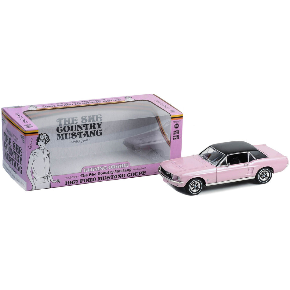 1967 Ford Mustang Coupe Evening Orchid Pink Metallic with Black Top "She Country Special - Bill Goodro Ford Denver Colorado" 1/18 Diecast Model Car by Greenlight