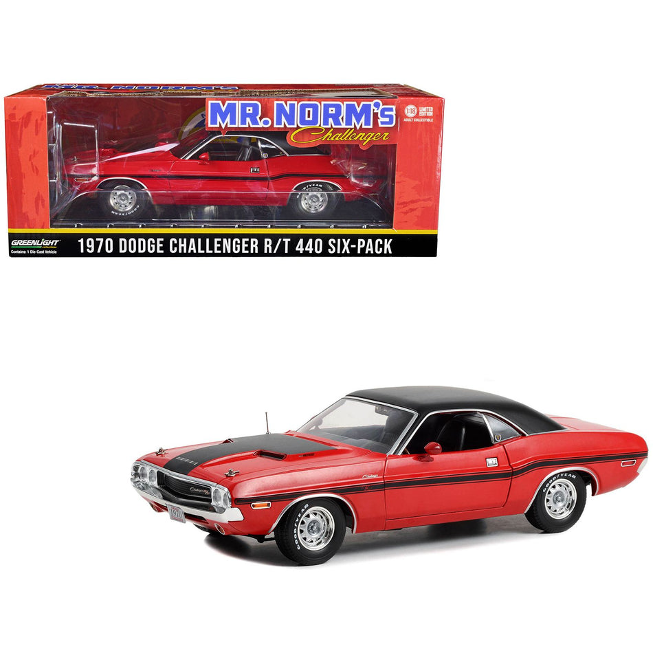 1970 Dodge Challenger R/T 440 Six-Pack Red with Black Stripes and Top "Real Mr. Norm's Challenger - Mr. Norm's Grand Spaulding Dodge" 1/18 Diecast Model Car by Greenlight