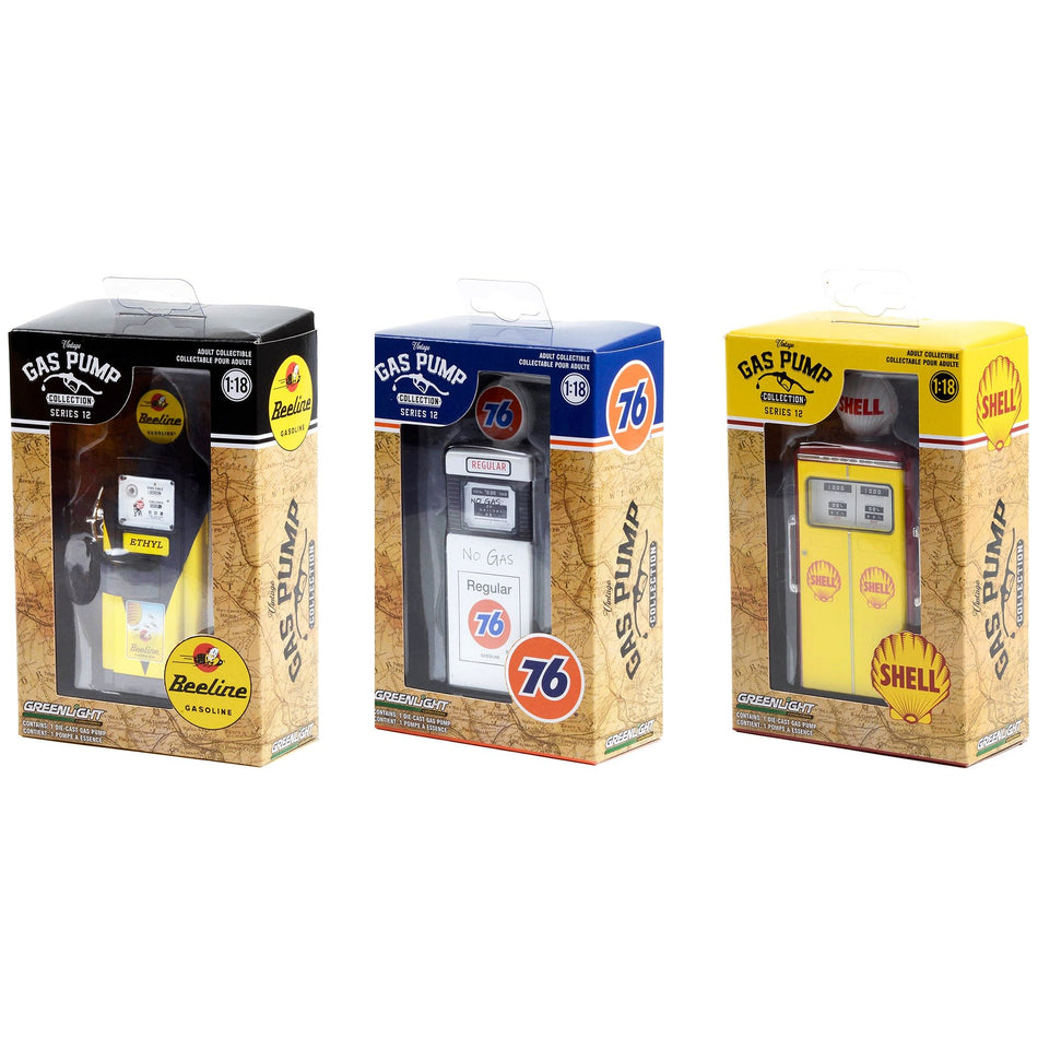 "Vintage Gas Pump" Set of 3 Pumps Series 12 1/18 Diecast Models by Greenlight