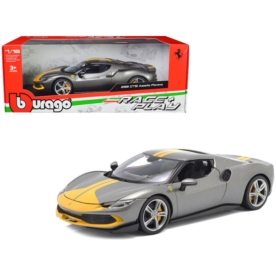 Ferrari 296 GTB Assetto Fiorano Gray Metallic with Yellow Stripes "Race + Play" Series 1/18 Diecast Model Car by Bburago