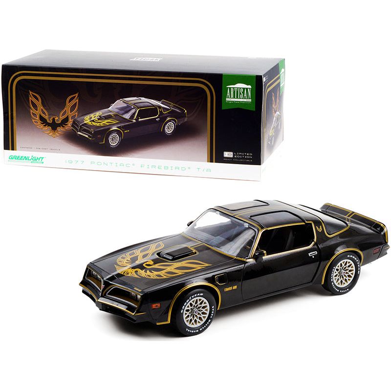 1977 Pontiac Firebird T/A Trans Am Starlite Black with Golden Eagle Hood Bird 1/18 Diecast Model Car by Greenlight