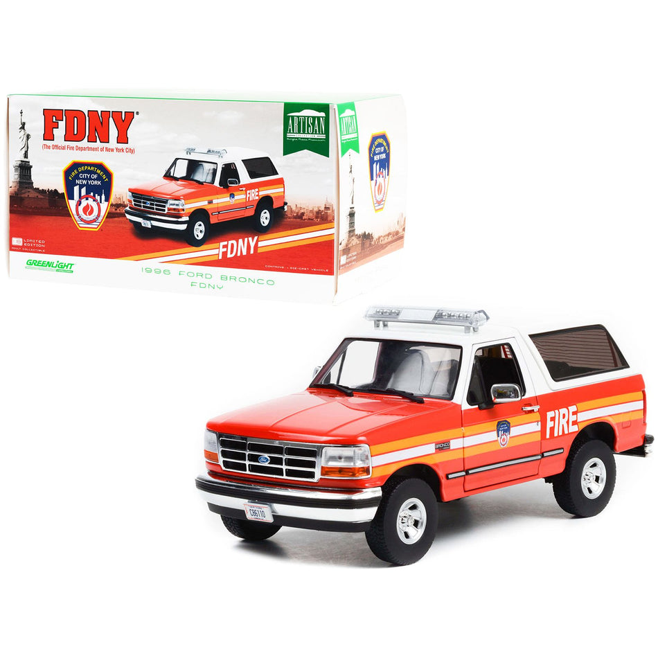 1996 Ford Bronco Police Red and White FDNY (The Official Fire Department the City of New York) "Artisan Collection" 1/18 Diecast Model Car by Greenlight