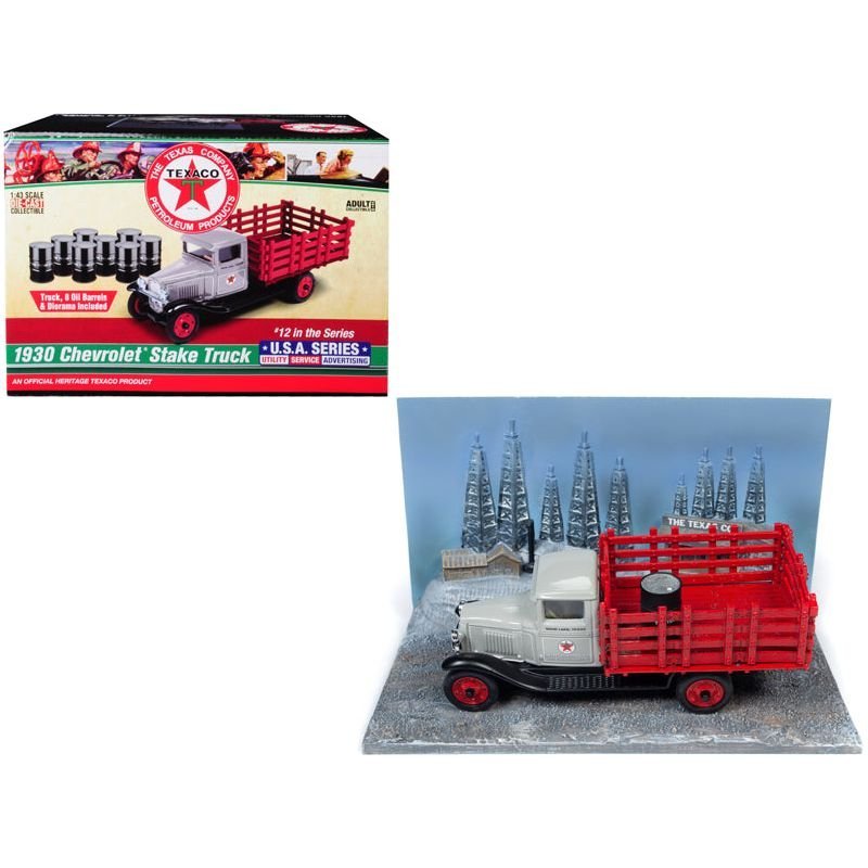 1930 Chevrolet Stake Truck with Eight Oil Barrels and Oil Derricks Diorama "Texaco" 12th in the "U.S.A. Series" 1/43 Diecast Model by Auto World-Autoworld-ModelCars.com