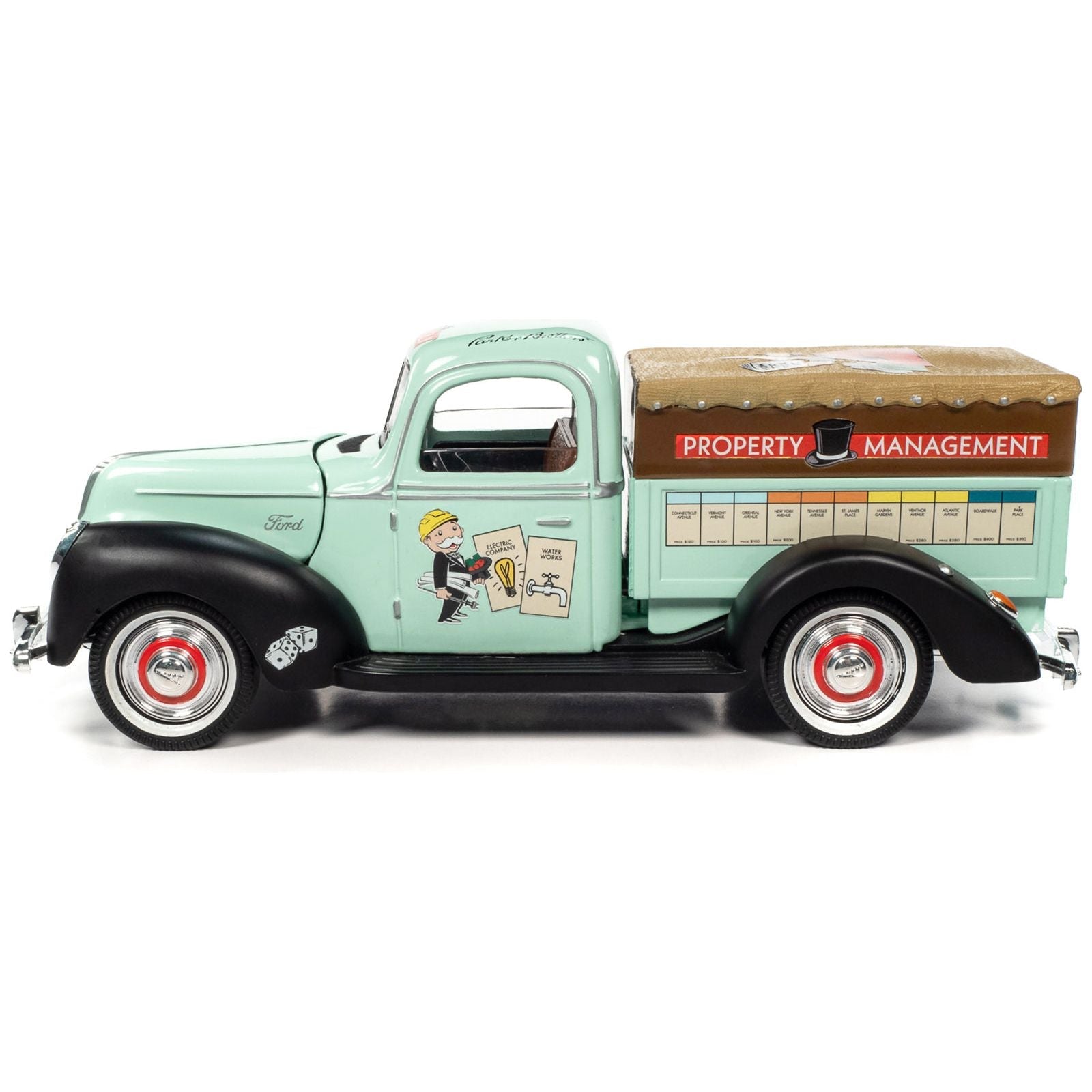 1940 Ford Pickup Truck "Property Management" Light Green with Graphics and Mr. Monopoly Construction Resin Figure "Monopoly" 1/18 Diecast Model Car by Auto World - Autoworld - ModelCars.com
