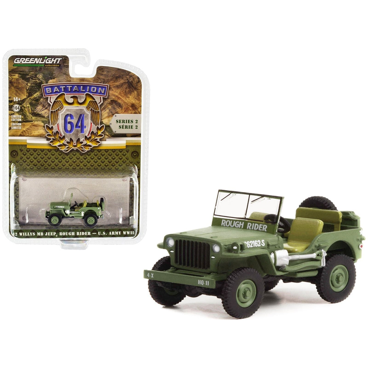 1942 Willys MB Jeep 20362162-S Green "U.S. Army World War II - Rough Rider" "Battalion 64" Release 2 1/64 Diecast Model Car by Greenlight-Greenlight-ModelCars.com