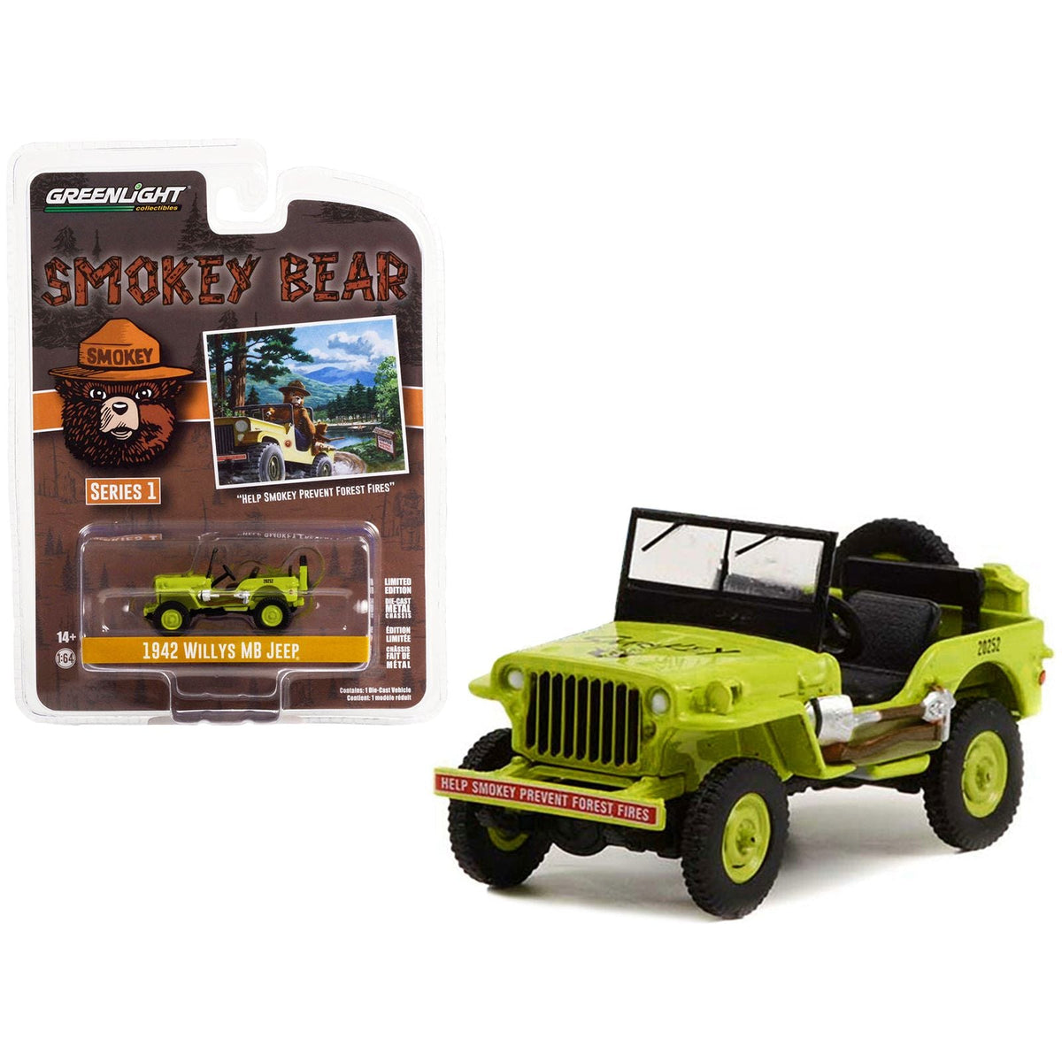 1942 Willys MB Jeep Bright Green "Help Smokey Prevent Forest Fires" "Smokey Bear" Series 1 1/64 Diecast Model Car by Greenlight - Greenlight - ModelCars.com